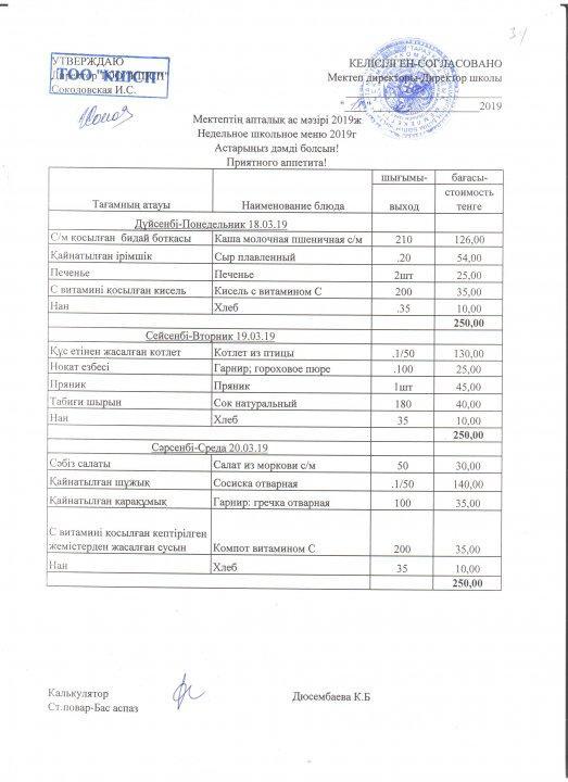 Недельное школьное меню 2019г