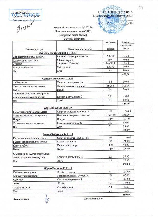 Недельное школьное меню 2019г