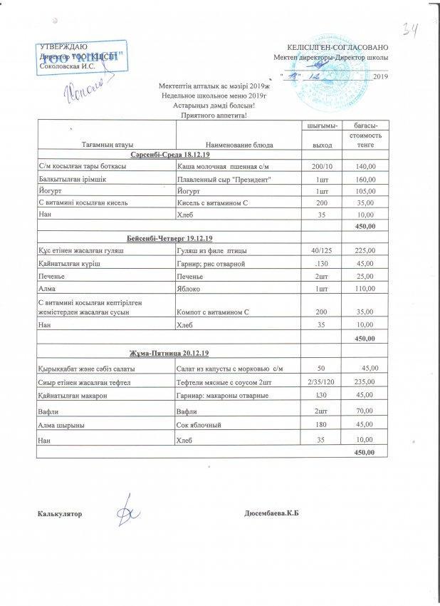 Недельное школьное меню 2019г