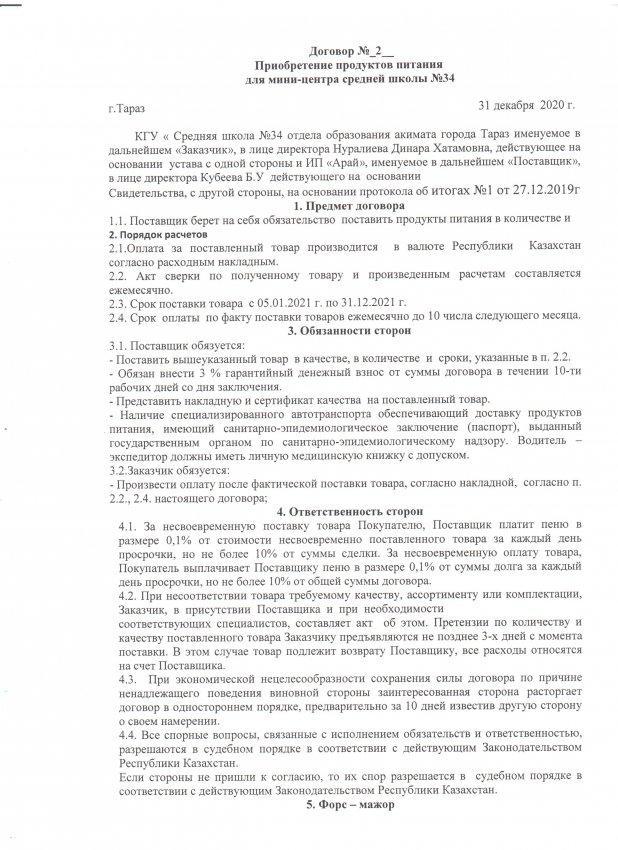 Мектеп жанындағы "Айналайын" ш/о ас мәзірінің келісім шарты 2021 жыл