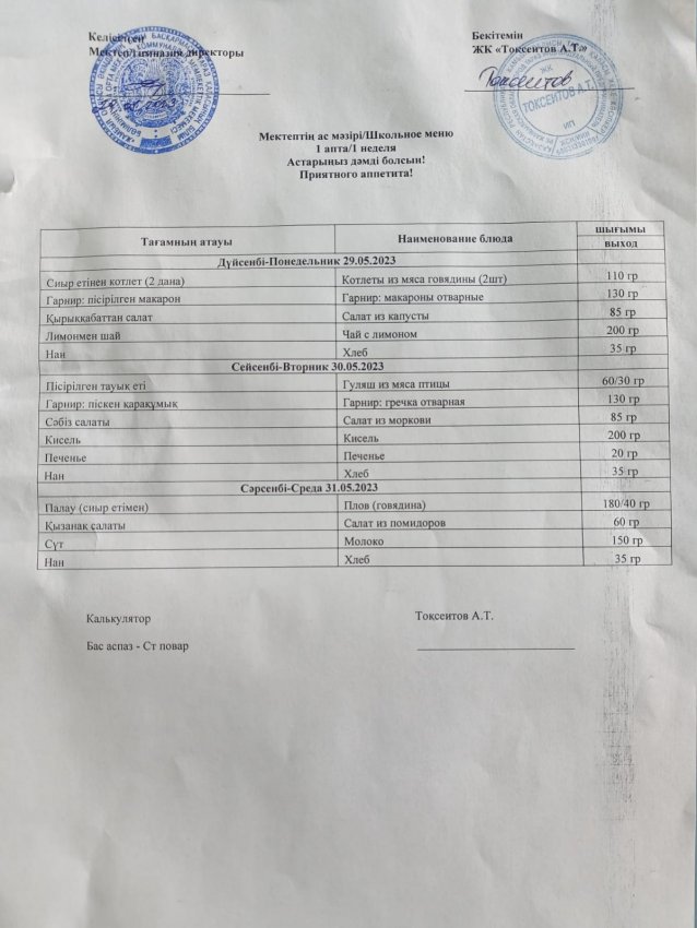 Мектептің апталық ас мәзірі! 29.05-31.05.2023ж