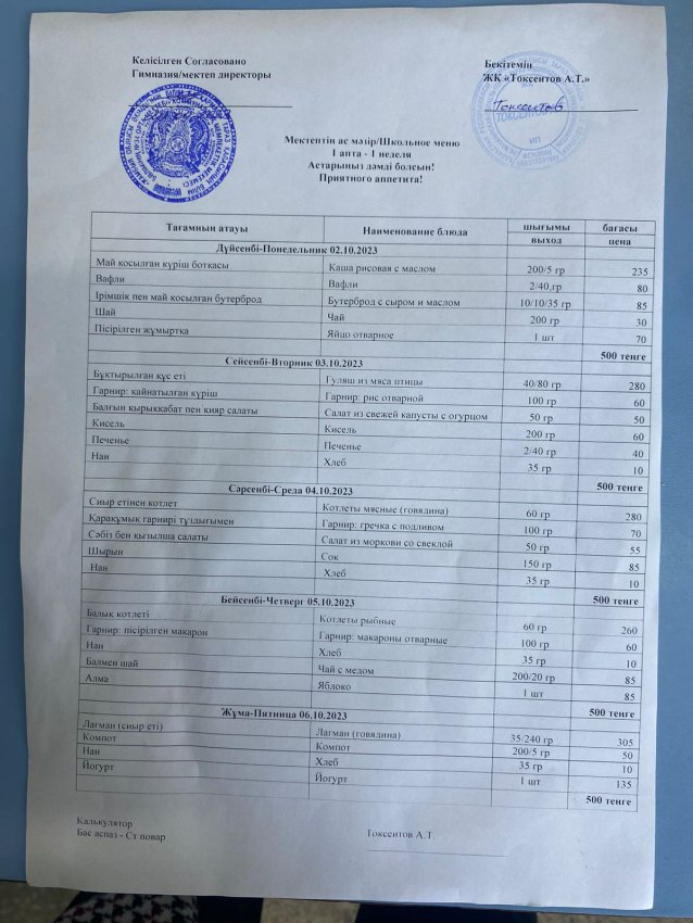 Мектептің апталық ас мәзірі!
