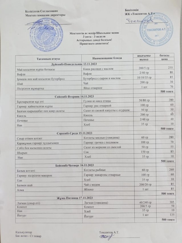 Мектептің апталық ас мәзірі!