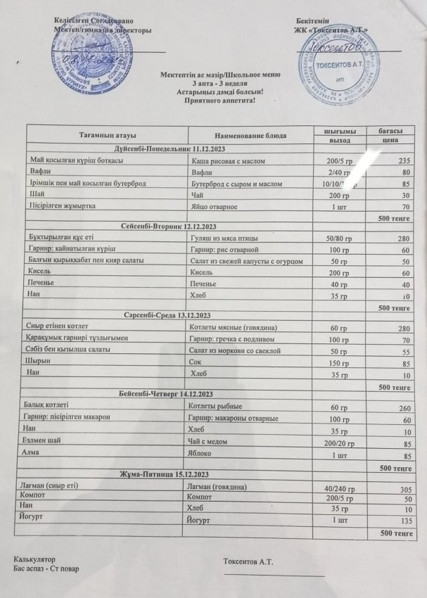 Мектептің апталық ас мәзірі!