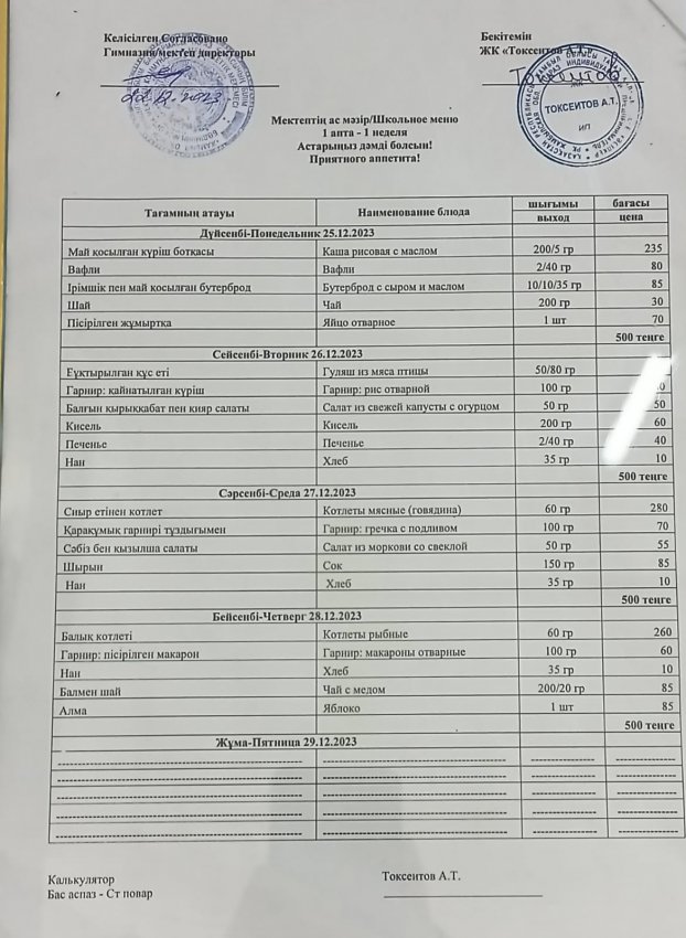 Мектептің апталық ас мәзірі!