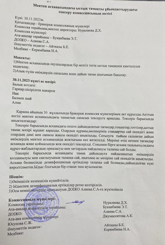Мектеп асханасындағы ыстық тамақты ұйымдастырудағы тексеру комиссиясының актісі
