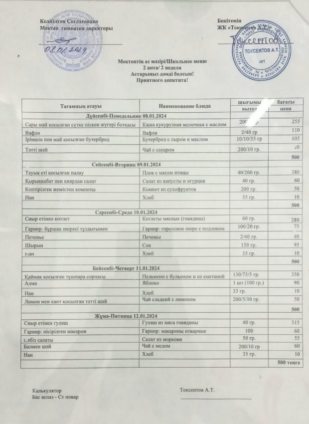 Мектептің апталық ас мәзірі!