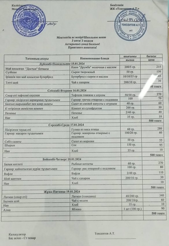 Мектептің апталық ас мәзірі!