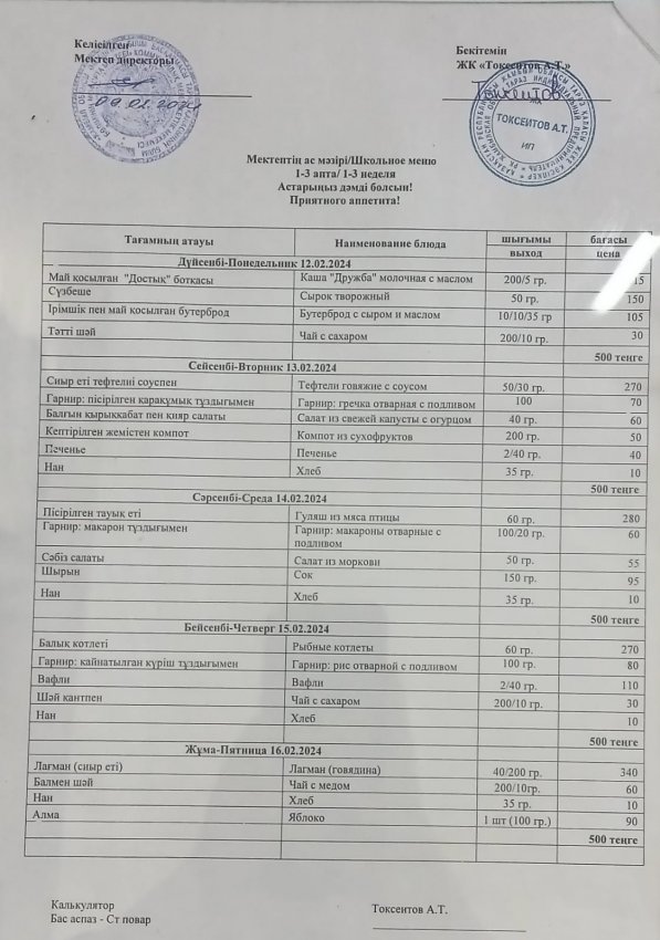 Мектептің апталық ас мәзірі!