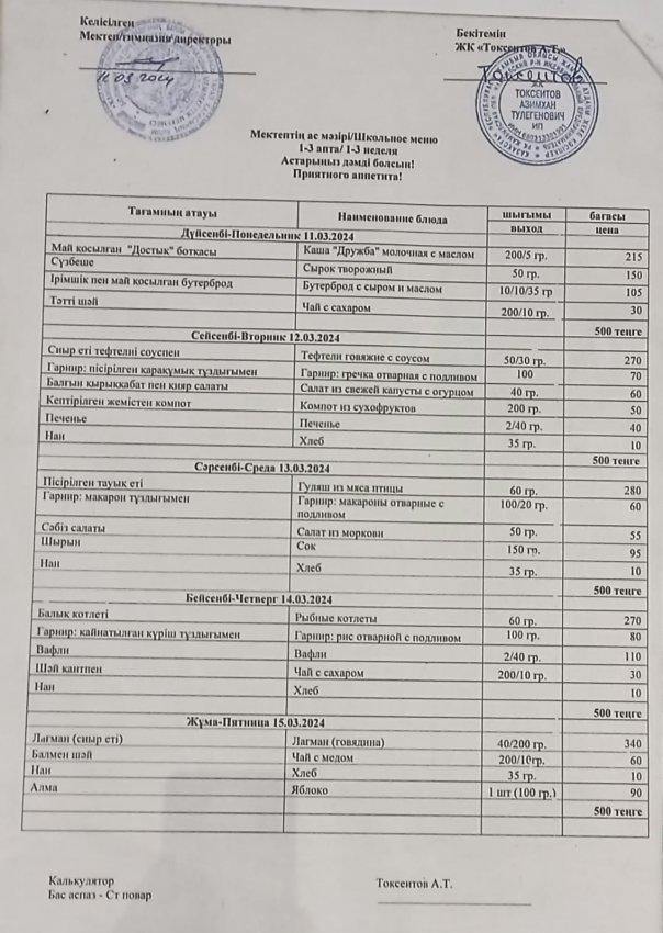 Мектептің апталық ас мәзірі!
