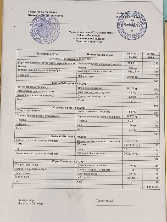 Мектептің апталық ас мәзірі!