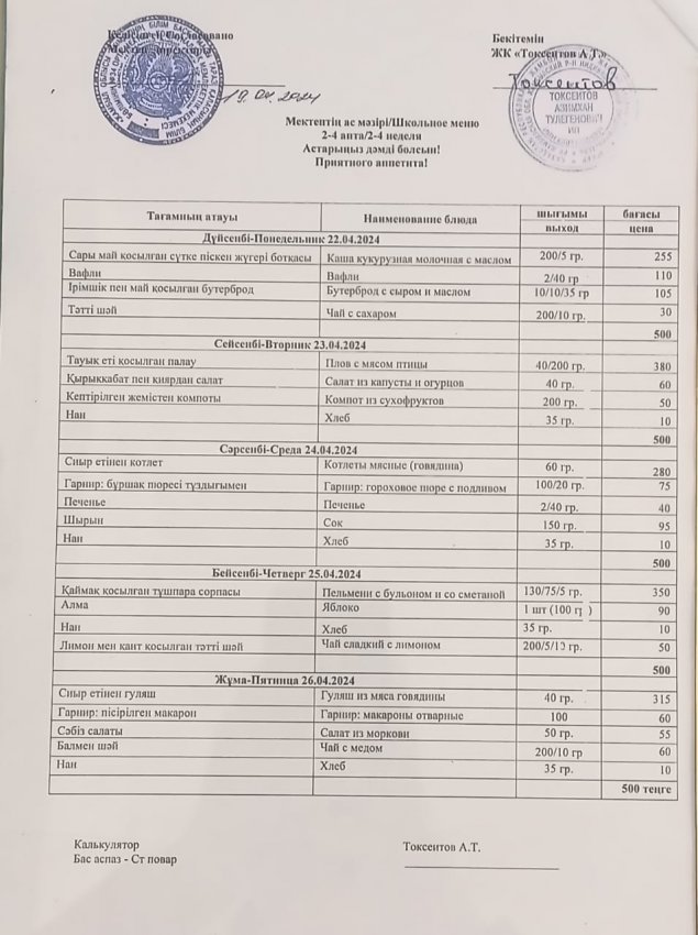 Мектептің апталық ас мәзірі!
