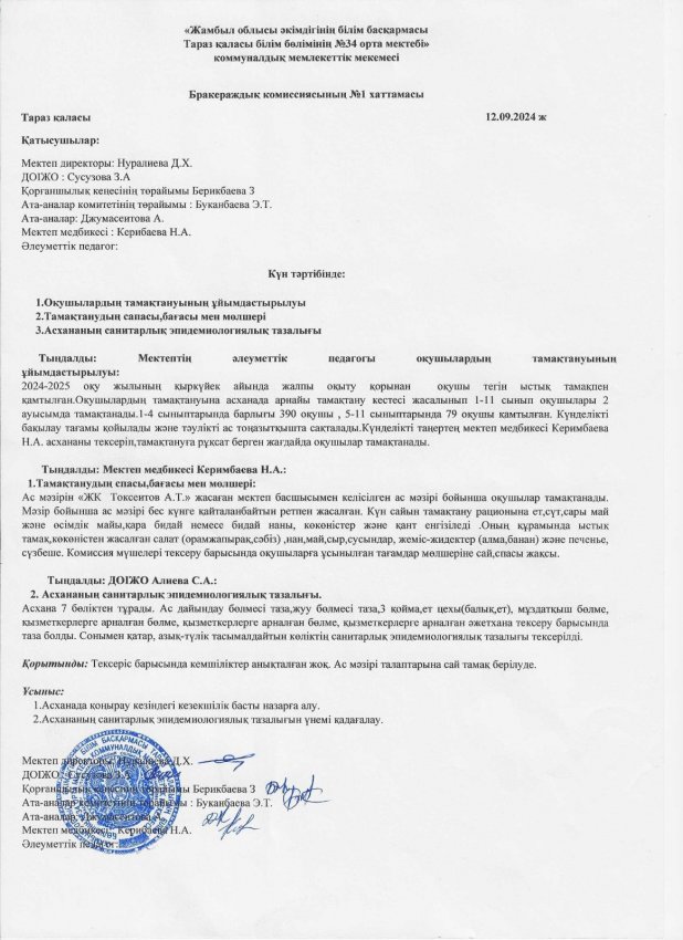 Бракераждық комиссиясының  №1 хаттамасы