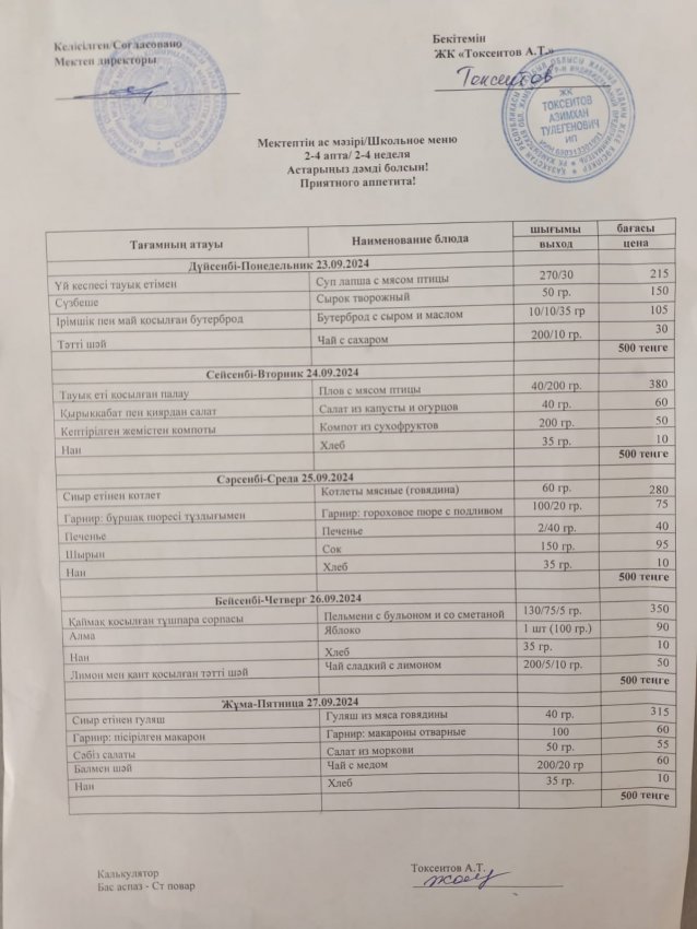 Мектептің апталық ас мәзірі!