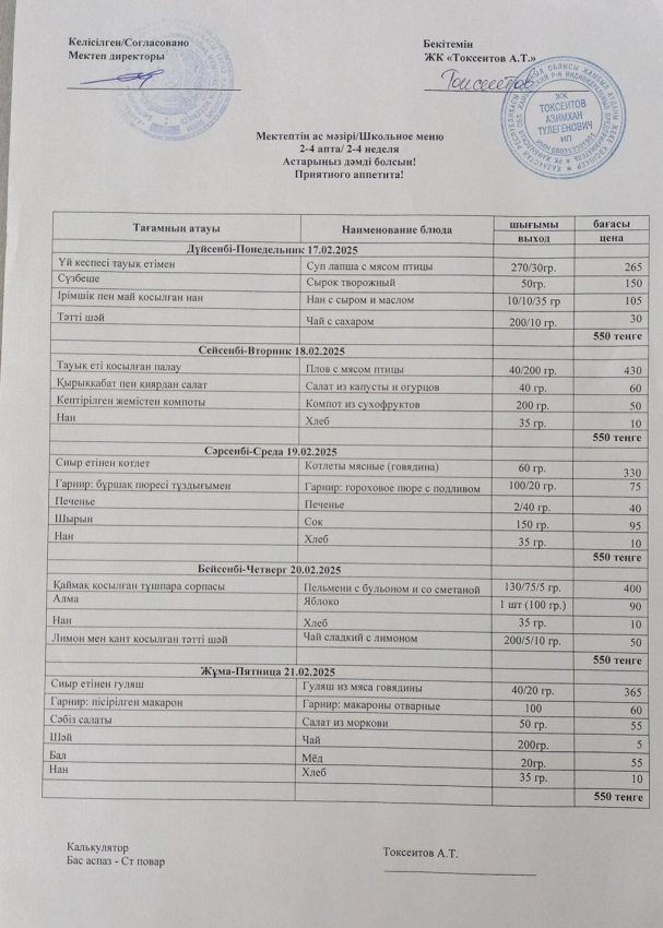 Мектептің апталық ас мәзірі!