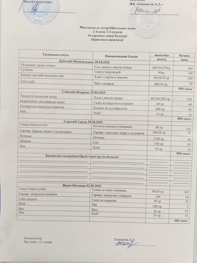 Мектептің апталық ас мәзірі!