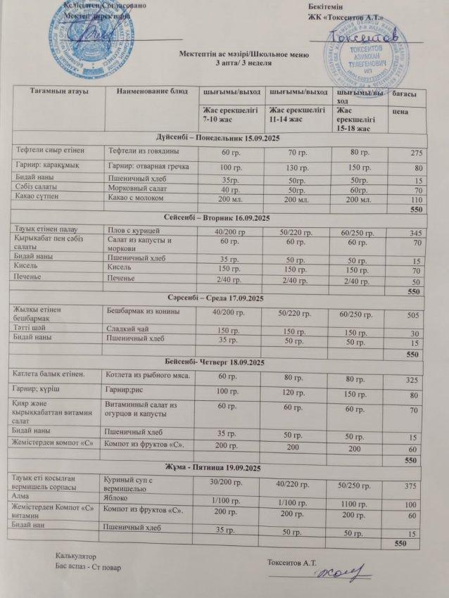 Мектептің апталық ас мәзірі!