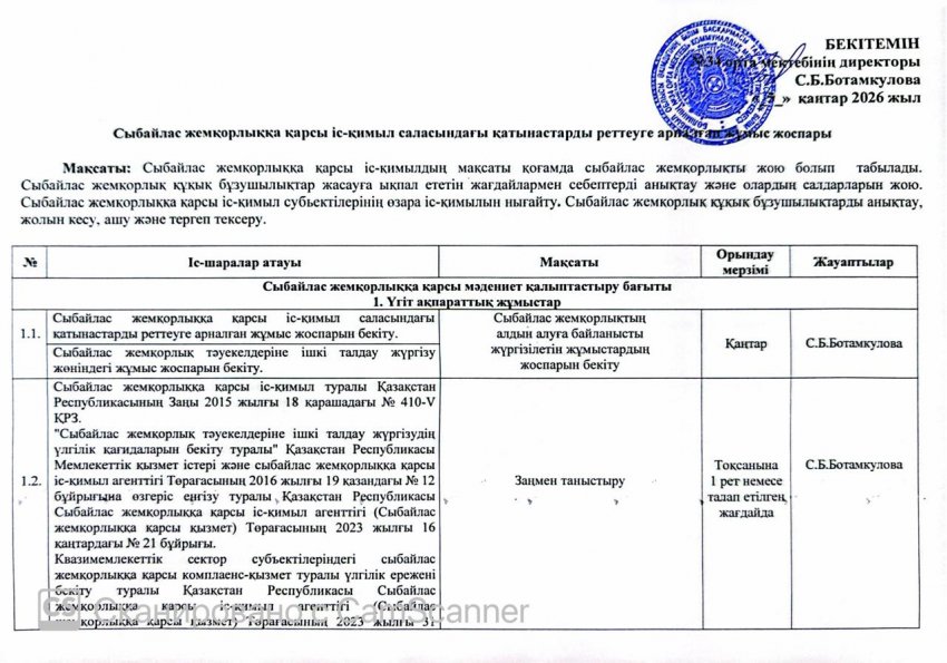 Сыбайлас жемқорлыққа қарсы іс-қимыл саласындағы қатынастарды реттеуге арналған жұмыс жоспары